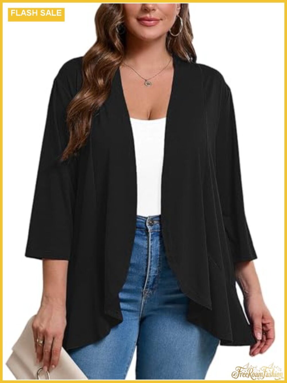 Plus Size 3/4 Sleeve Open Front Ruffle Hem Lightweight Cardigan Shrug